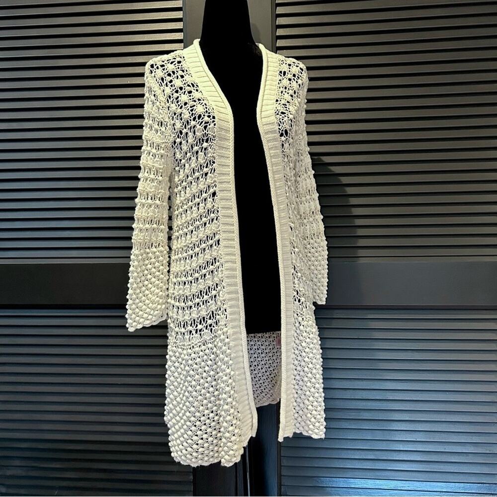 Calypso St. Barth Cream Crocheted Open Front, Open Knit Cardigan, Size Small